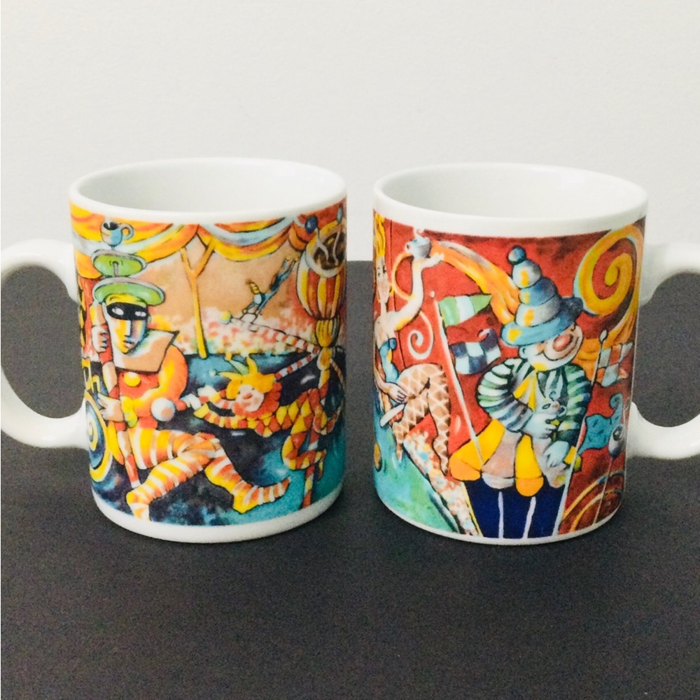 Cirque De Cafe, Second Cup Mugs Set of 2 , Vibrant Colourful Circus Print
